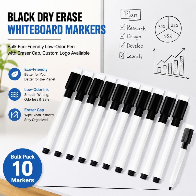 Whiteboard Marker Set - Czarny, zmywalny marker do tablic suchościeralnych,